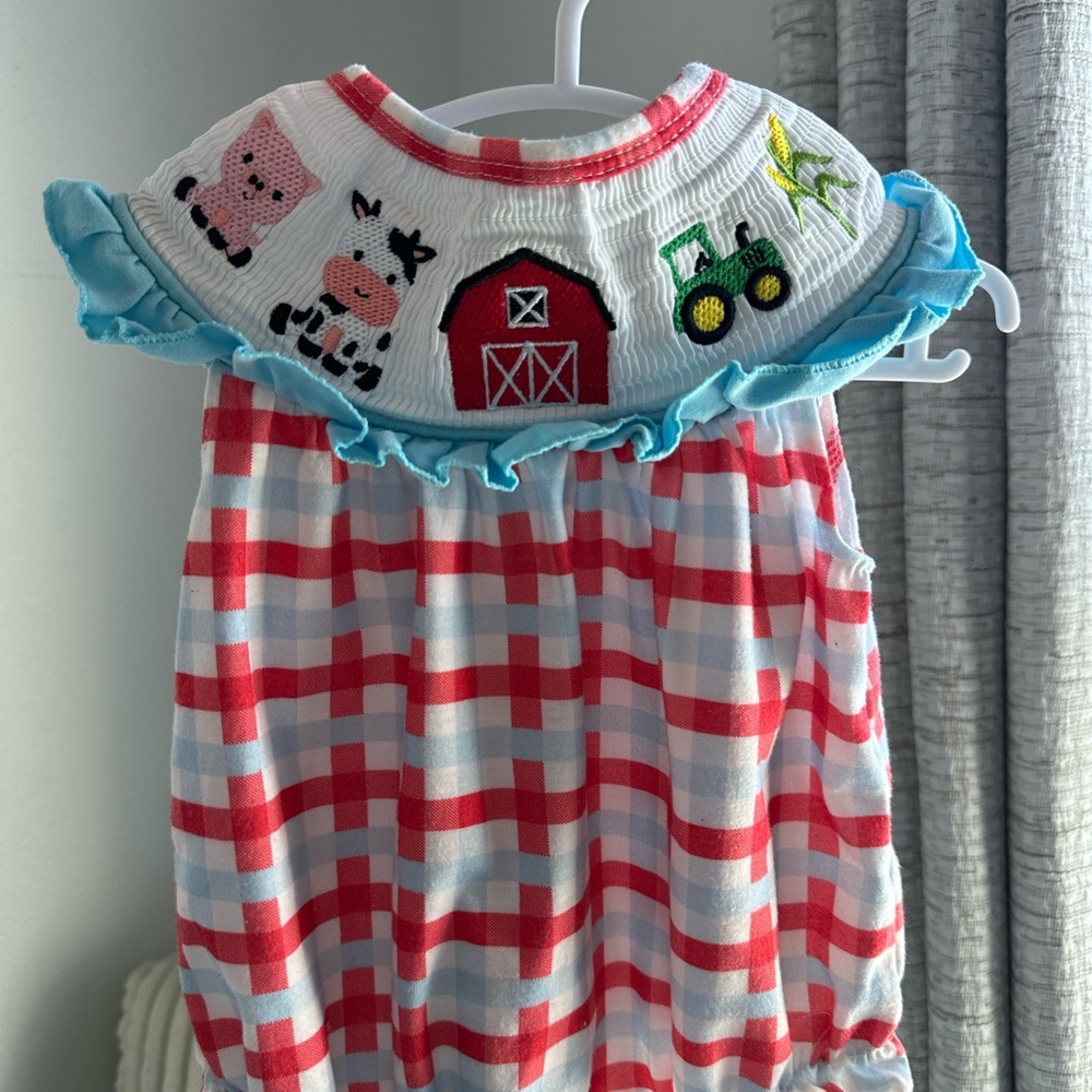 Farm-Themed Baby Dress with Red and Blue Plaid